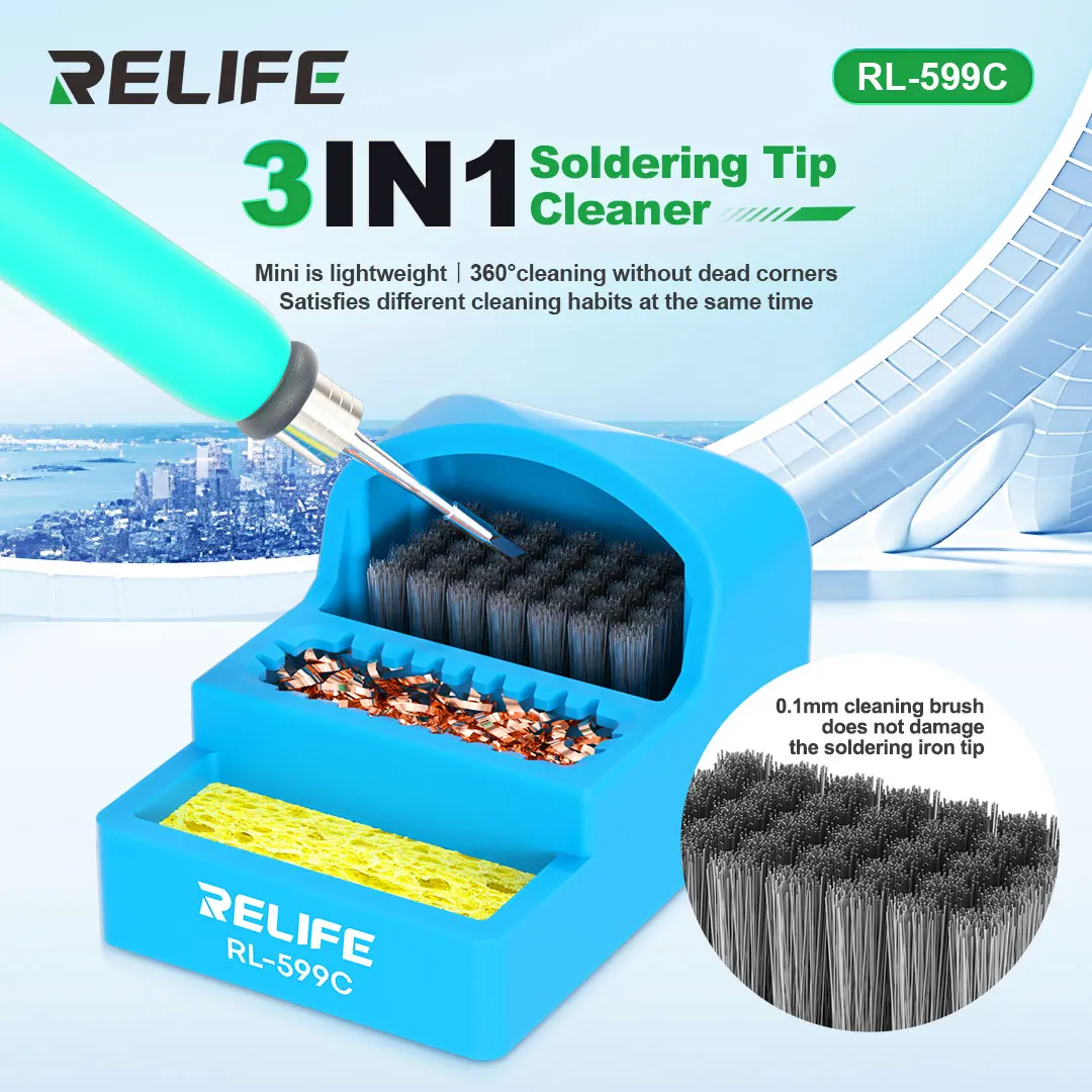 3in 1 납땜 팁 클리너, RL-599C 내열성 청소 스틸 브러시, 구리 와이어 볼 스폰지, 통합 청소 도구