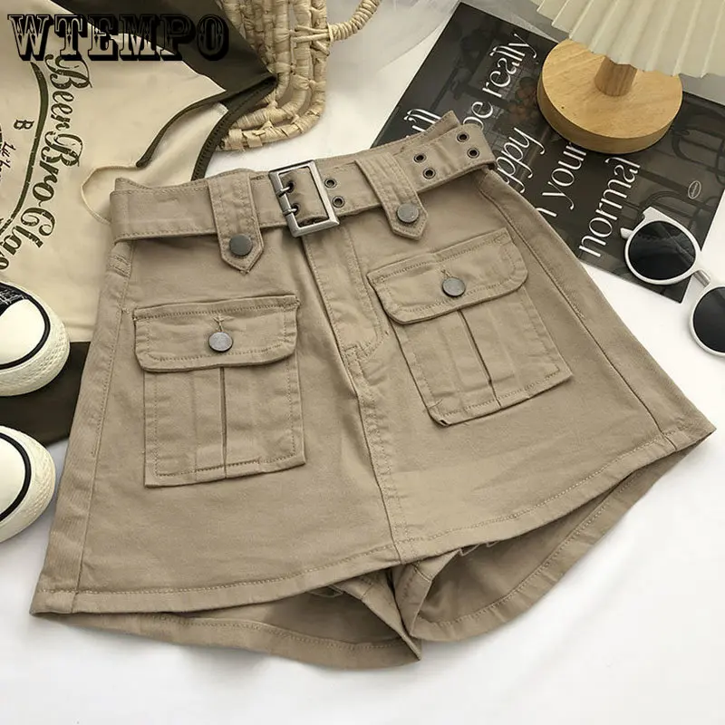 

WTEMPO High Waist Mini Skirt Women Korean Style Fashion with Belt Short A-line Skirt Y2K Streetwear Big Pocket Cargo Skirts