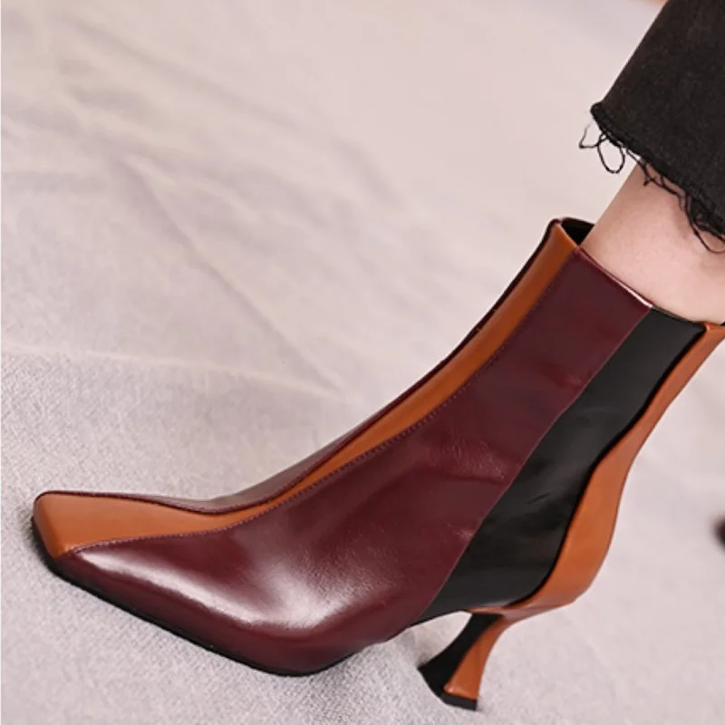 

Side Zippers Ankle Boots Modern Lady Shoes Split Cow Leather Winter Boots European Women Fashion Shoes 7.5 CM Mixed Color Shoes