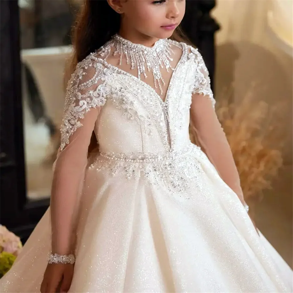 Flower Girl Dress Elegant Shining For Wedding Lace Puffy Sequins Beading Full Sleeve Kids Birthday Gift Party First Communion flower girl dresses,girls dresses
