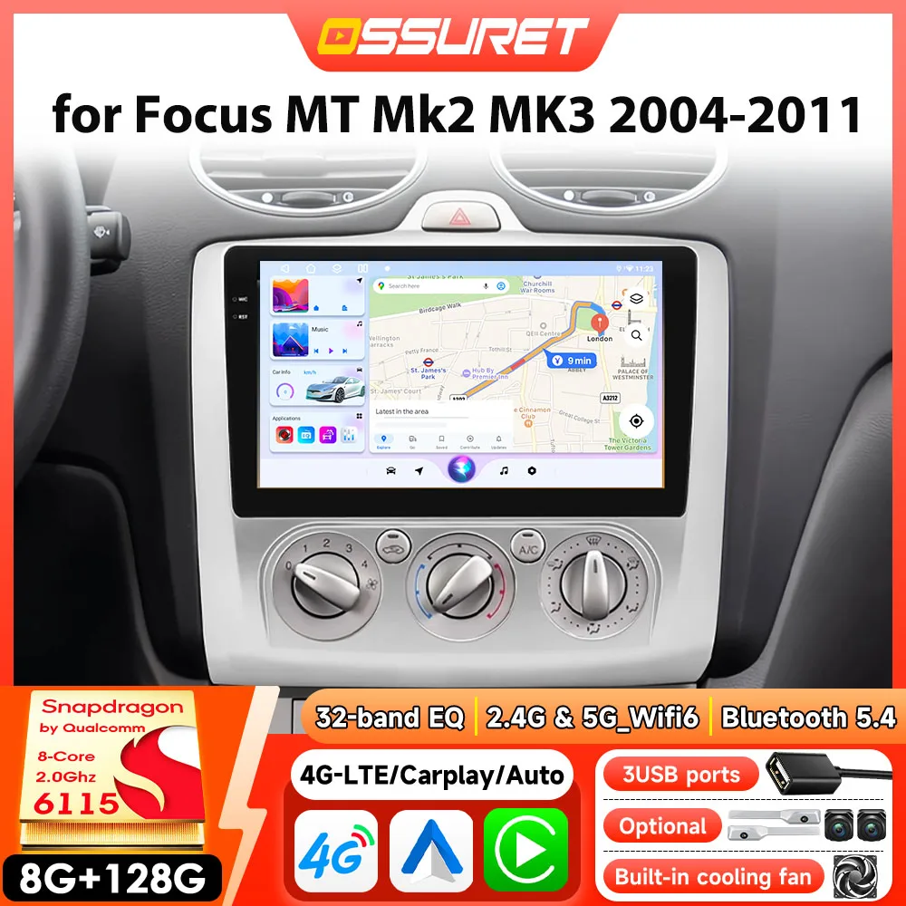 Android-Autoradio-Stereo für Ford Focus 2 3 Mk2 Mk3 2004–2011 Multimedia-Video-Player Carplay 4G BT GPS von Snapdragon 6115