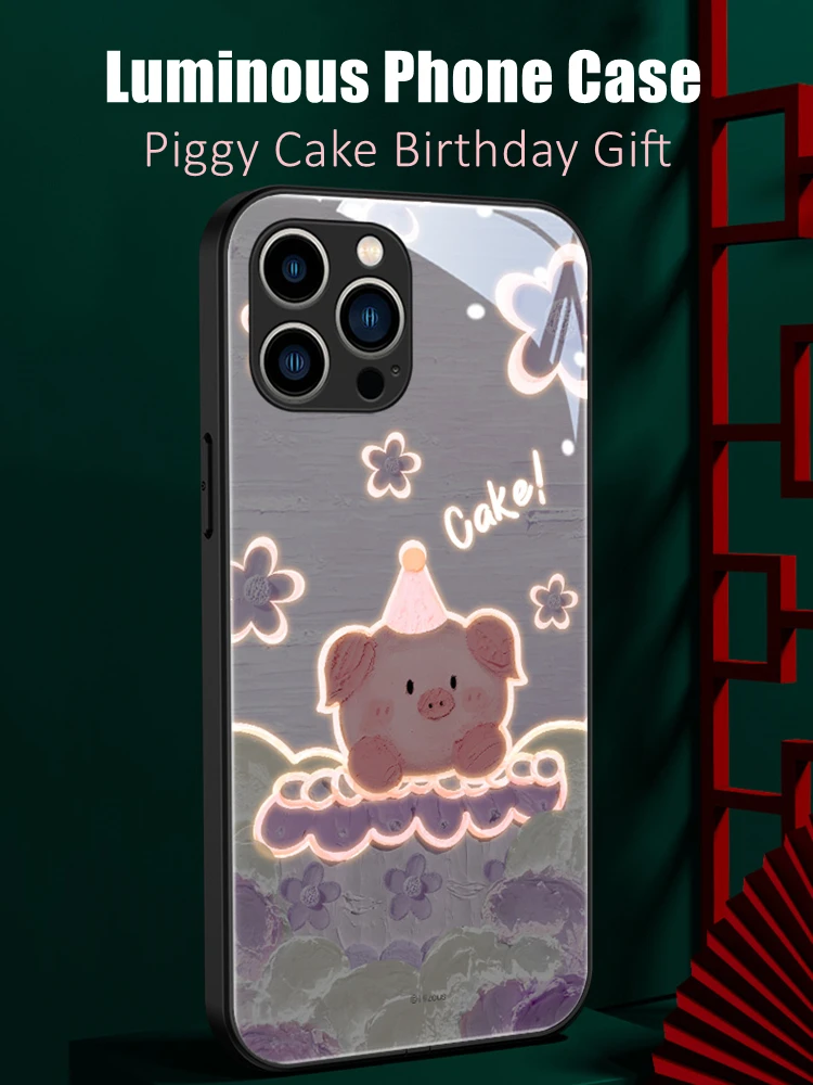 

Piggy Cake Birthday Gift Giving LED Light Glowing Luminous Phone Case for OnePlus 6 6T 7 7T 8 8T 9 9R 10 Ace Nord CE N200 Pro