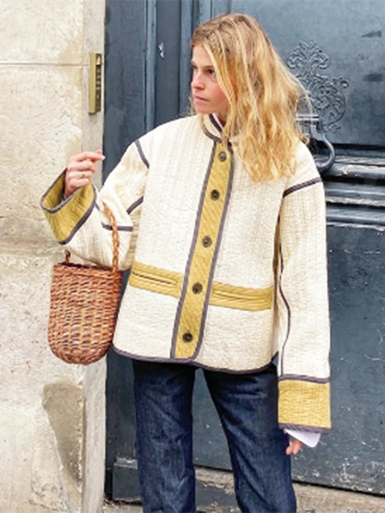 

Elegant Patchwork Cardigan Coat Women Casual Single-breasted Pocket Loose Long Sleeve Jacket Female 2023 Fall Winter Short Coats