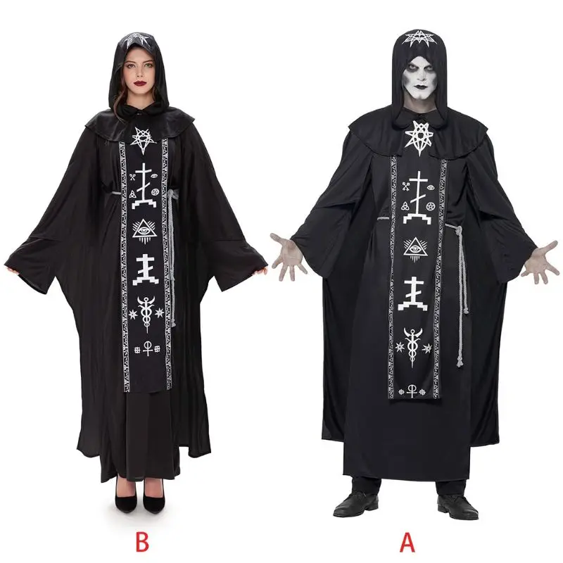 

Adult Halloween Cosplay Costume Mystic Sorcerer Robe with Hooded Cape Waist Belt Medieval Vintage Wizard for Vampire Gow