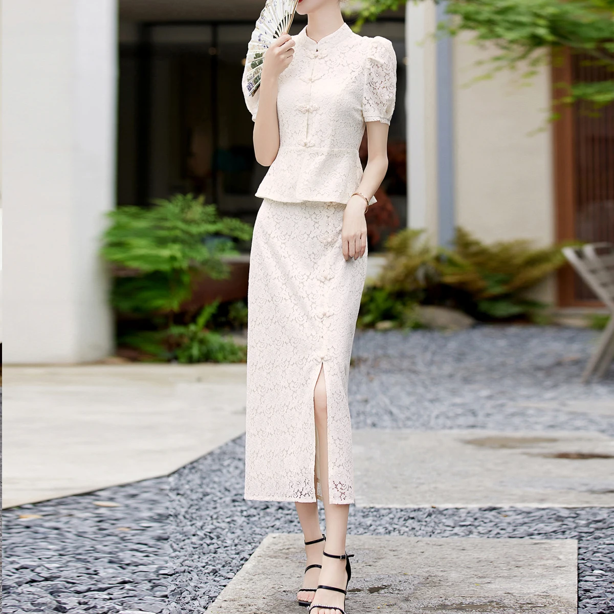 

2023 Summer Womens Lace 2 Pieces Suits Short Sleeve Small Coat Crop Top & Casual Fashion Sheath Pencil Skirt Simple Work Sets
