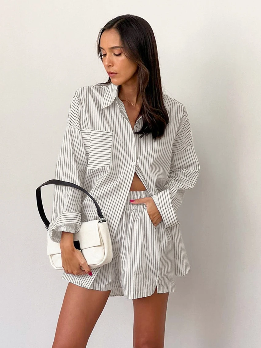 Marthaqiqi Striped Female Sleepwear Set Long Sleeve Pajamas Turn-Down Collar Nightwear Shorts Casual Women Nightie 2 Piece Suit