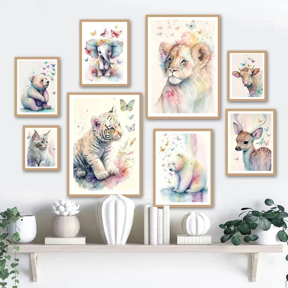 

Watercolor Wall Art Canvas Painting, Lion, Elephant, Tiger, Bear, Squirrel, Nordic Prints, Pictures, Baby, Kids Room Decor