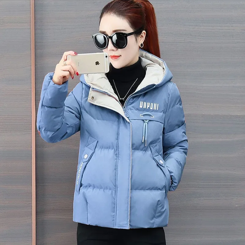 2024 Women Hooded Thick Down Cotton Padded Parkas Winter Casual Loose Jackets Female Letter Print Short Coats Slim Warm Outwear