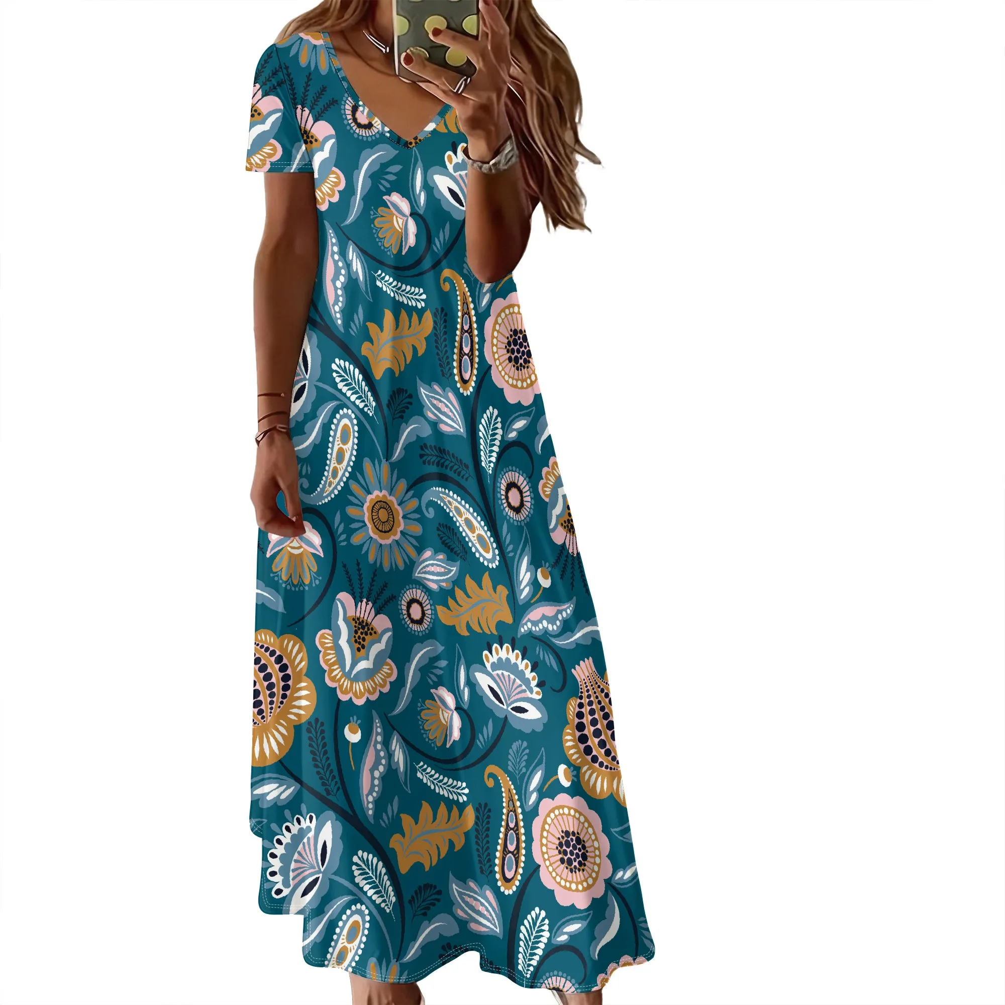 Sommerliches Damenkleid mit kurzen Ärmeln und V-Ausschnitt, 3D-modisches Druckmuster, lässiger Urlaubsstil. – Detail 8