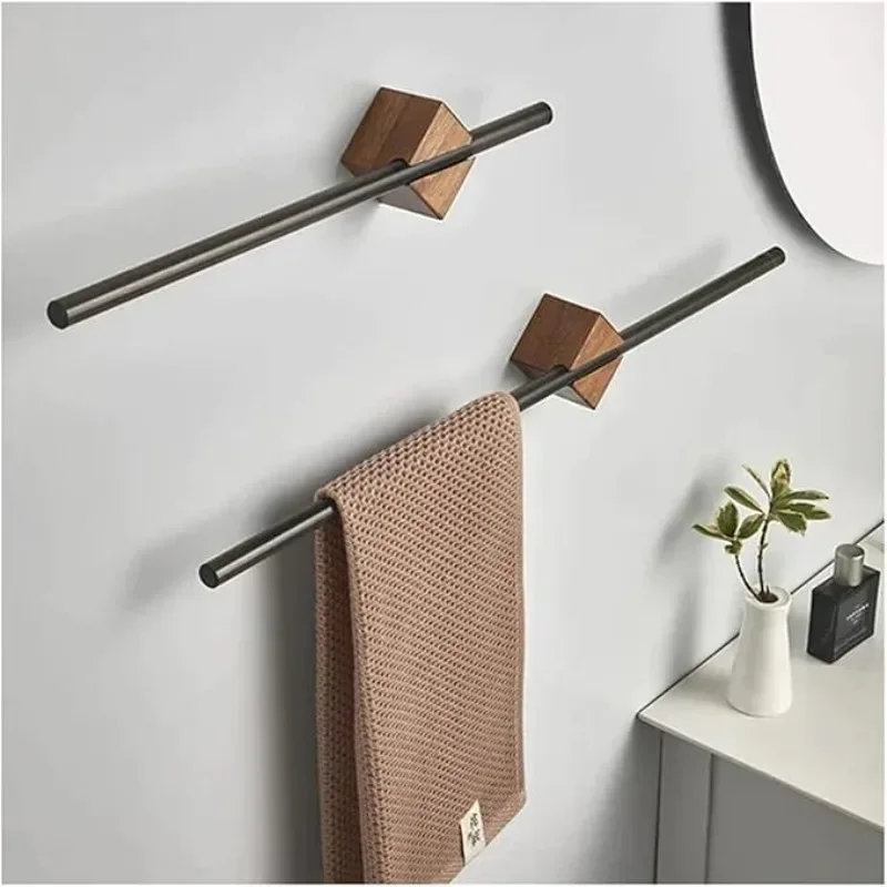 Adjustable Stainless Steel Towel Bar with Natural Wood Finish-Easy Install, Heavy Duty Wall Mount Bracket for Bathroom Decor
