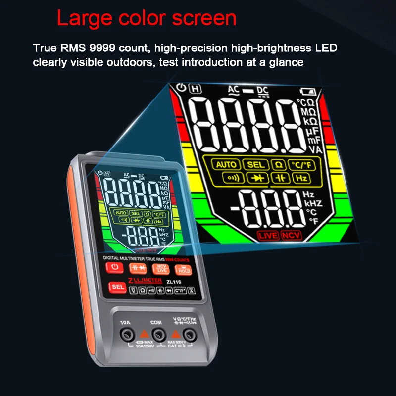 9999 Counts USB Charge Digital Multimetro True RMS Smart Auto Range test AC DC Voltage Capacitance Temp Diode Ohm Hz Meter digital multimeter multimeter tester