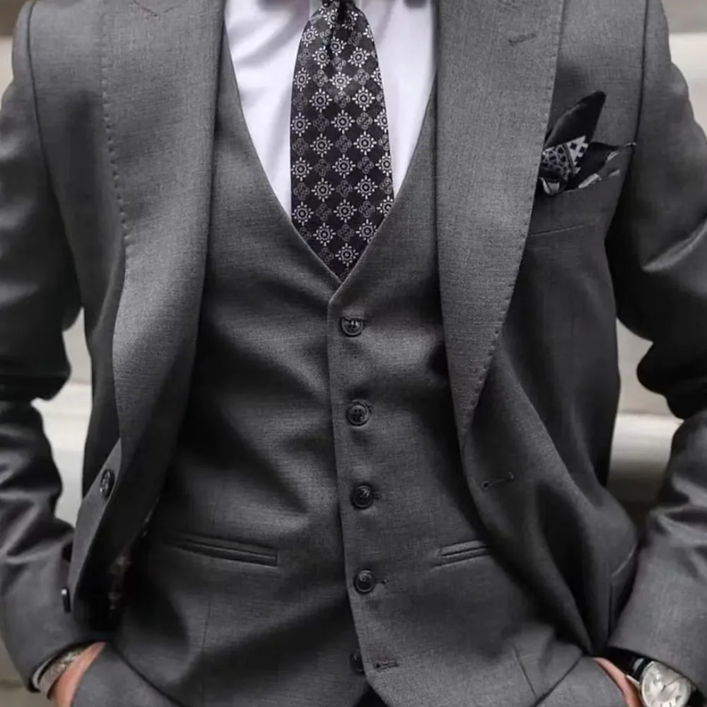 Wedding Men Dark Grey Peak Lapel Suits Business Casual Formal Costume Slim Fit 3 Pcs Set Jacket Vest Pants