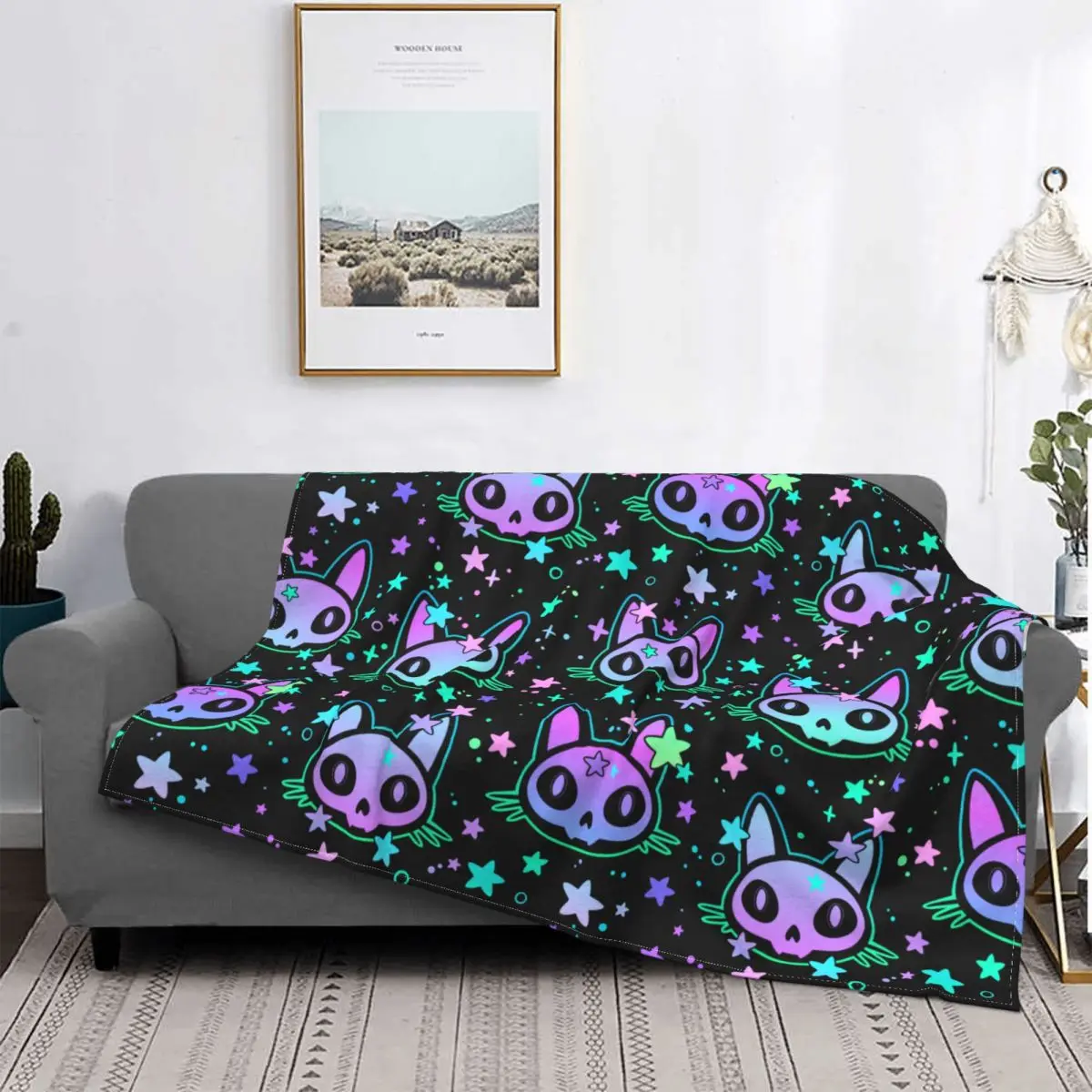 

Cute Cat Skulls Stars Blankets Fleece Spring Autumn Multi-function Ultra-Soft Throw Blankets for Home Couch Bedspread