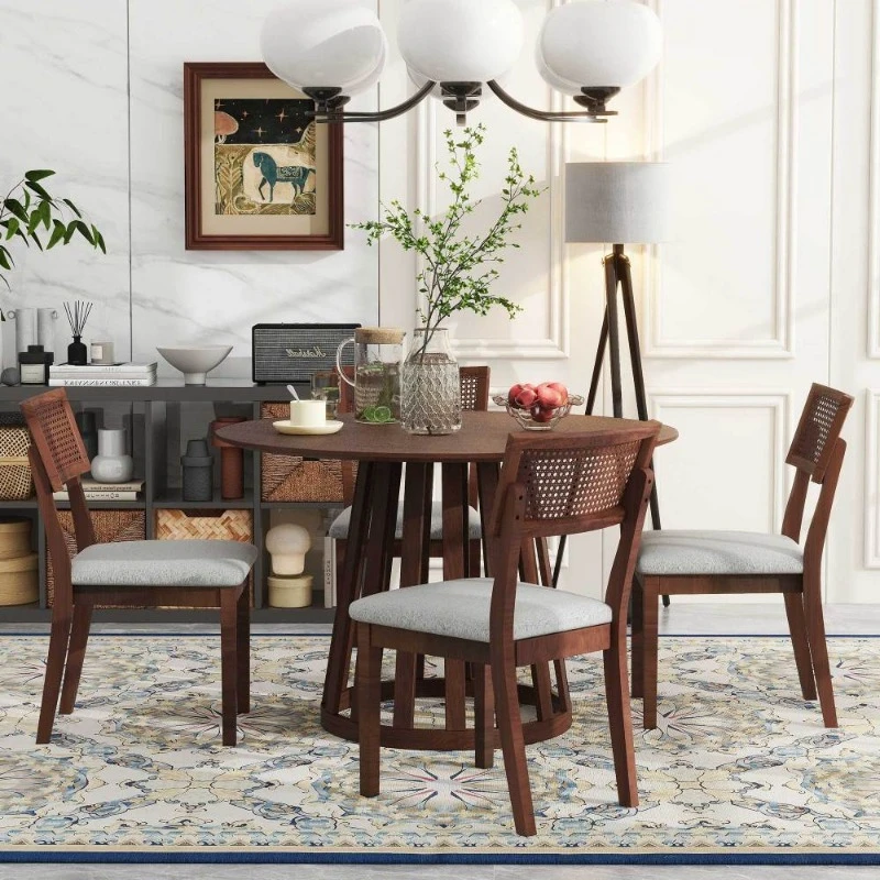 

5-Piece Retro Upholstered Dining Room Sets Round Rattan Kitchen Dining Table Sets Luxury Walnut Sillas Comedor Home Furniture