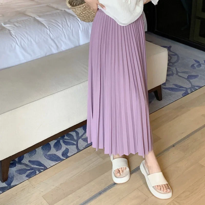 Pleated Skirt Women Summer Fashion Mid-length Elastic Waist Thin A-line Skirt Female Vintage Umbrella Skirt Large Size Bottoms