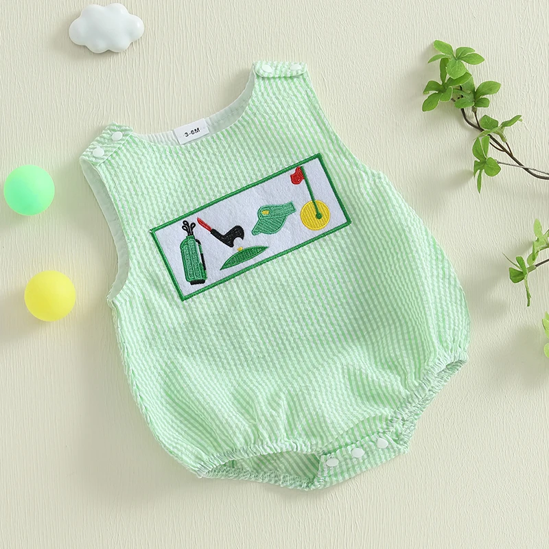 0-18M Infant Baby Boy Summer Outfits Newborn Sleeveless Smocked Bubble Romper Golf Clothes 4