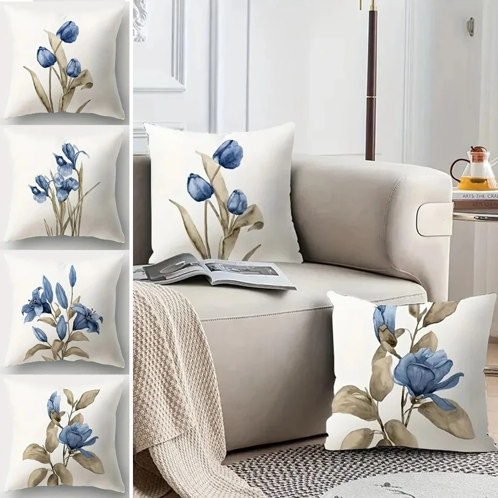 

1pc Peach Skin Velvet Pillowcases Cushion Cover Blue Flowers Soft Pillow Cover 45X45 Pillow Case for Living Room Sofa Home Decor