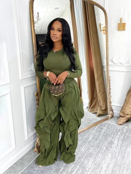 Fall 2025 Outfits Women Two Piece Set Solid Casual Long Sleeve Tops and Ruffle Drawstring Jogger Pants Streetwear Matching Sets 1