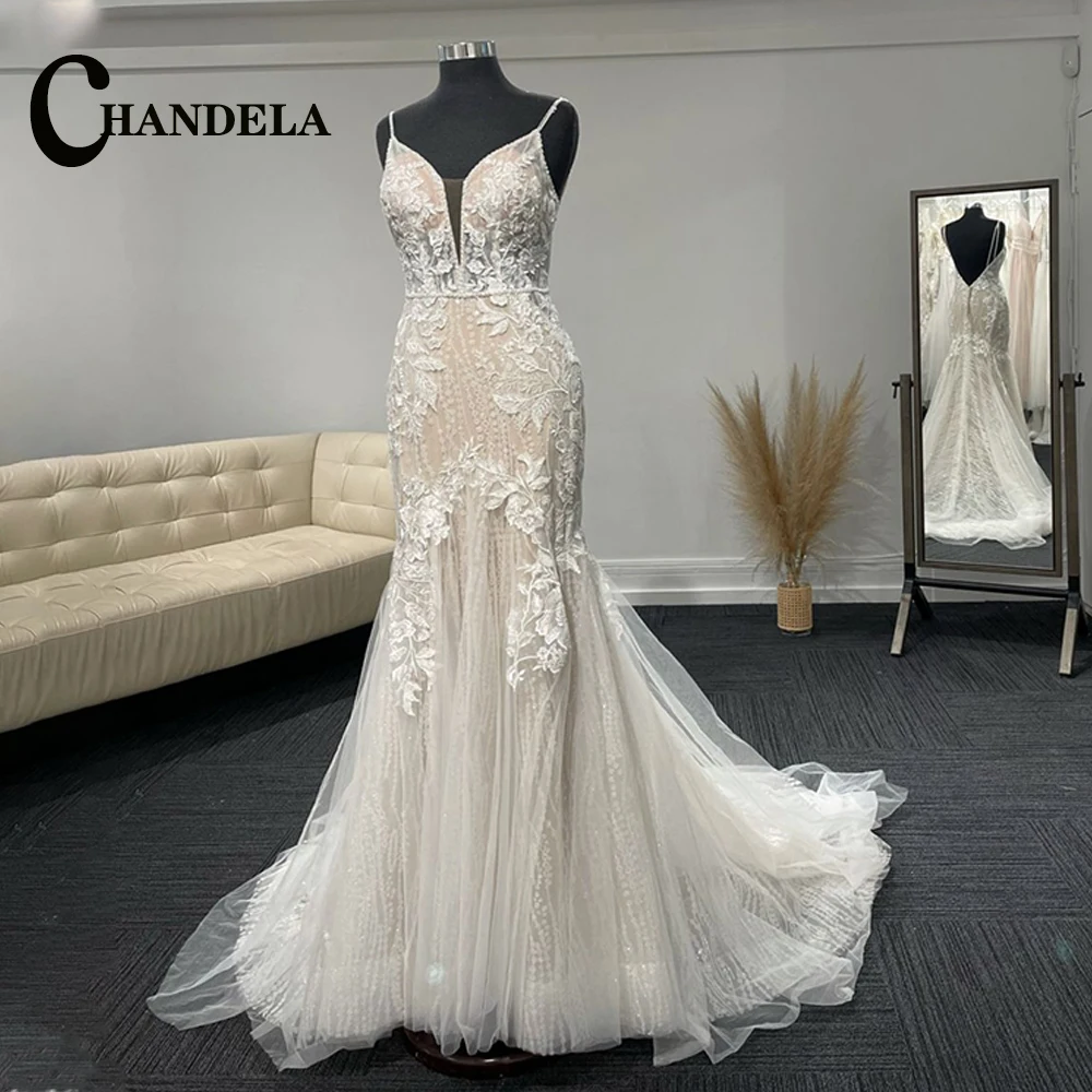 

CHANDELA Graceful Trumpet Wedding Dresses Spaghetti Strap Deep V Neck Appliques Lace Sequines Court Train Tulle Vestido De Novia