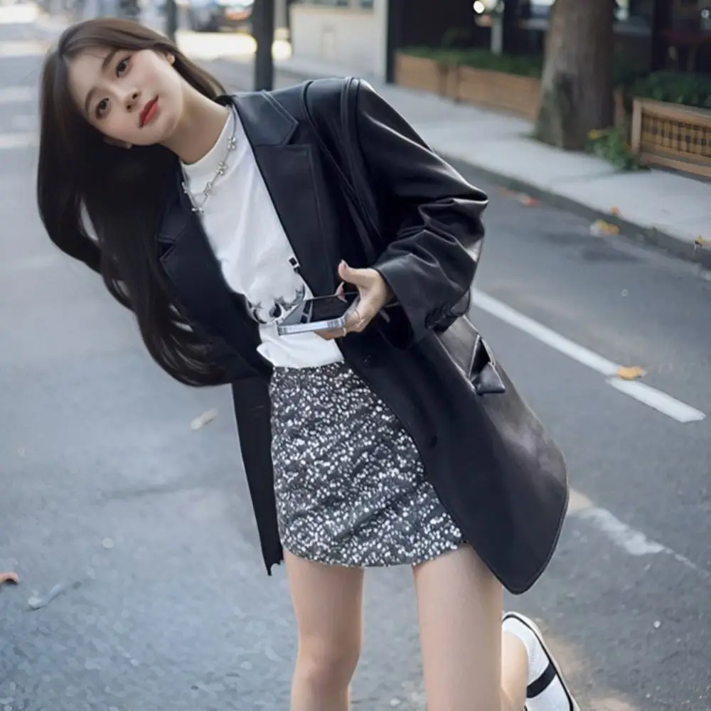 Y2k Lapel Collar Leather Jacket Women Outerwear Retro Suit Leather Jacket Korean Chic Loose Vintage PU Coats Holiday