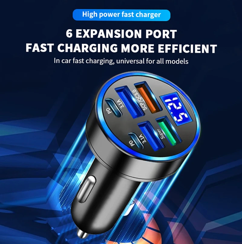 100W 6 Ports Car Charger Fast Charging PD QC3.0 USB C Car Phone Charger Type C Adapter in Car For iPhone Samsung Huawei Xiaomi