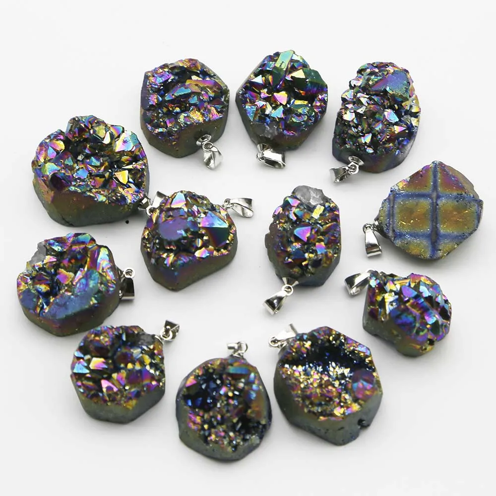 Natural Raw Ore Stone Electroplated Colorful Irregular Crystal Druse Pendant Necklace Fashion Charm Jewelry Gift Wholesale 12Pcs