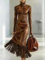 Leopard Print PU Leather Long Dress for Women Long Sleeves High Neck Fringe Hem Zipper Dress Elegant Autumn Bodycon Dresses