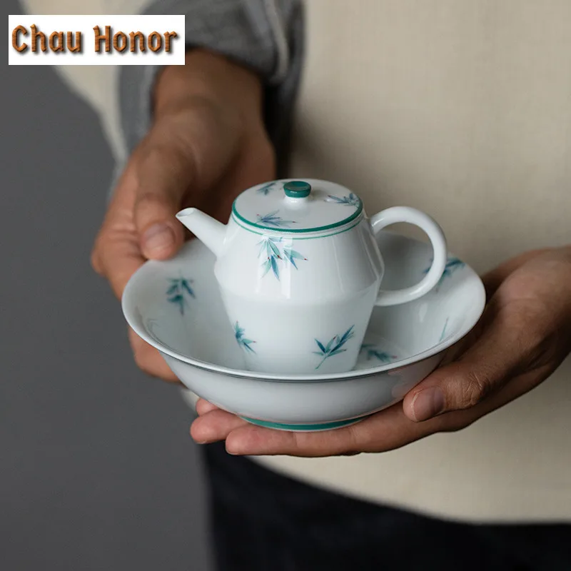 110ml Boutique Pure Hand Painted Green Bamboo Tea Pots White Porcelain Pot Tea Making Kettle With Ball Hole Filter Kungfu Teaset