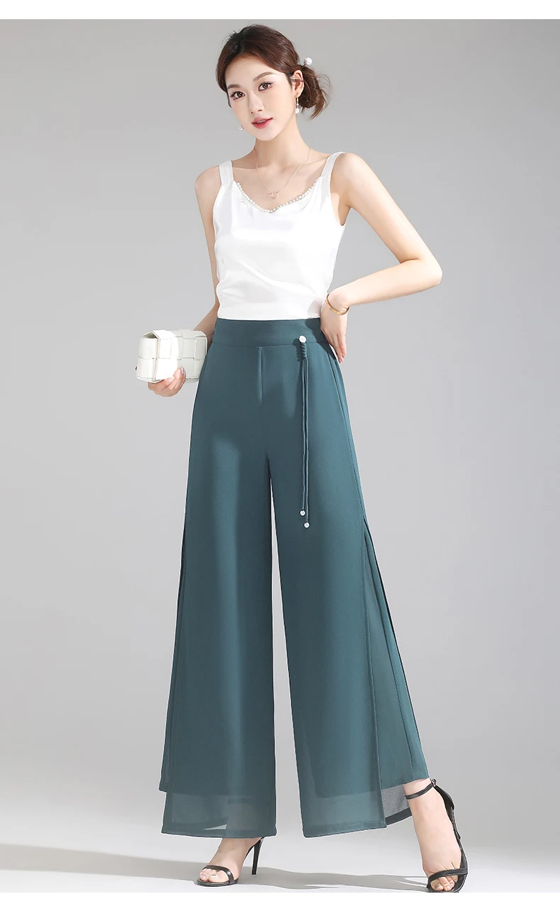 ZUZK Double Layer Chiffon Pants Fashion Slit Chiffon Pants Spring Summer Comfortable Elastic Waist Slim Chic Droop Pants