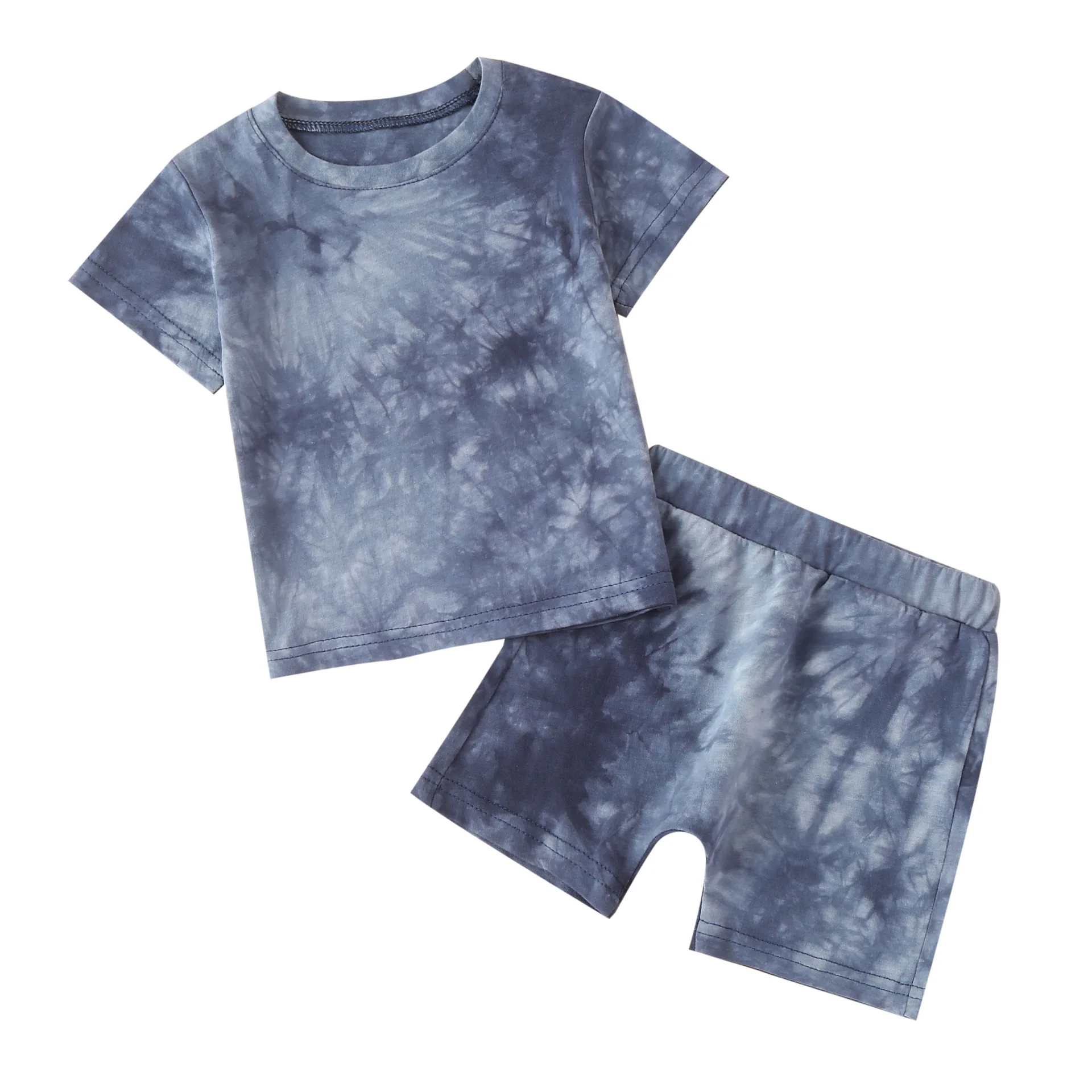 

2022 Summer New Suit Fashion Casual Children's Round Neck Pullover Cotton Tie-Dye Plain Short-Sleeved Suit