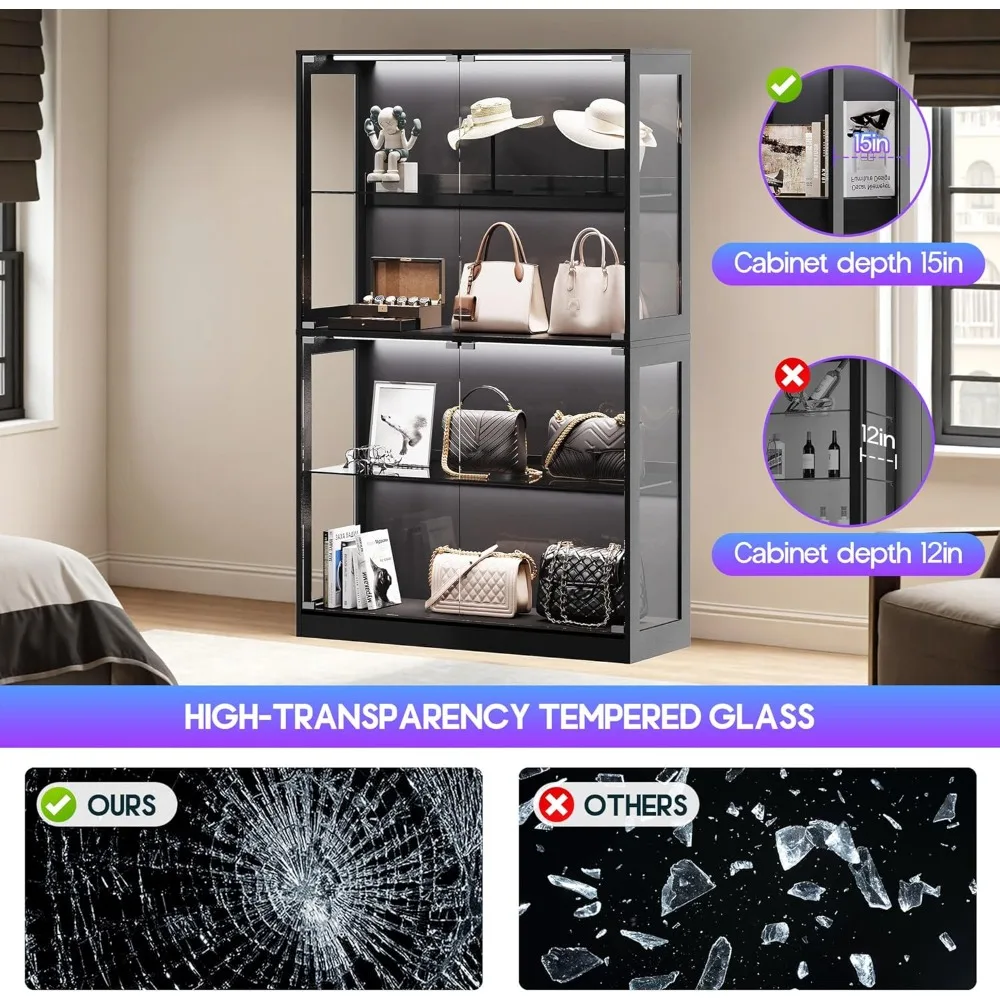 rgb display cabinet with adjustable glass shelves, 4-tier storage case with led lights & press-to-open doors, modern display sh