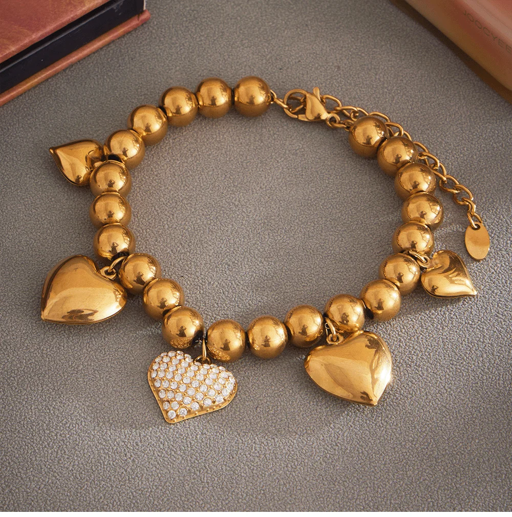 Goldfarbenes, herzförmiges Silberarmband für Damen, 316L-Edelstahl, 18 Karat vergoldete Kette, Perlen-Zirkon-Armband, Schmuck – Detail 13