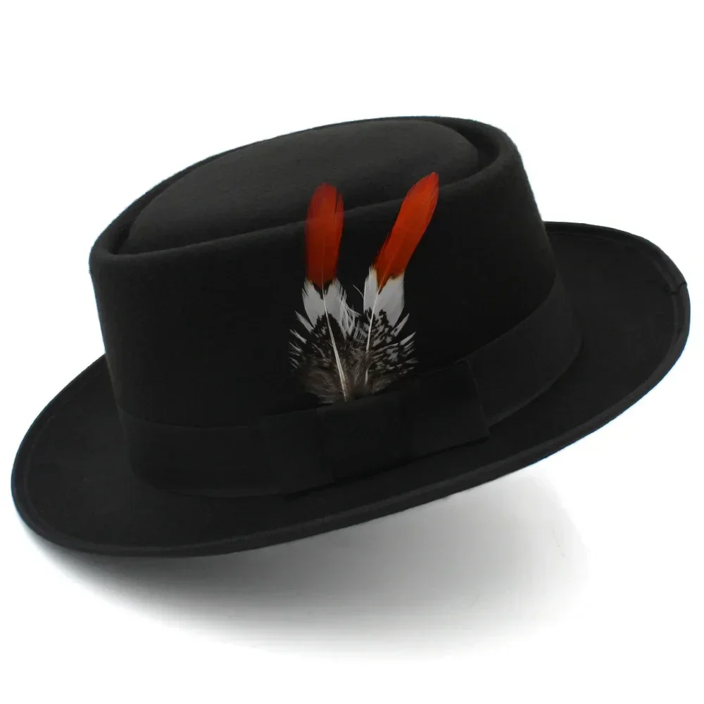 Männer Frauen Woolen Feather Band Pork Pie Hüte Retro Fedora Trilby Sonnenhut Street Style Caps Party Reisen Outdoor Größe US 7 1/4 UK L – Detail 7