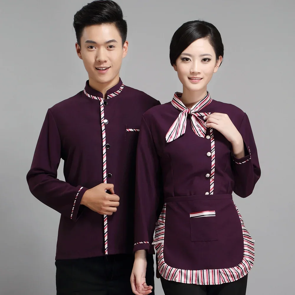 

Long Sleeve Hotel Waiter Uniform Female Restaurant Top+apron Waitress Uniform Fast Food Service Work Wear Jacket for Man 89