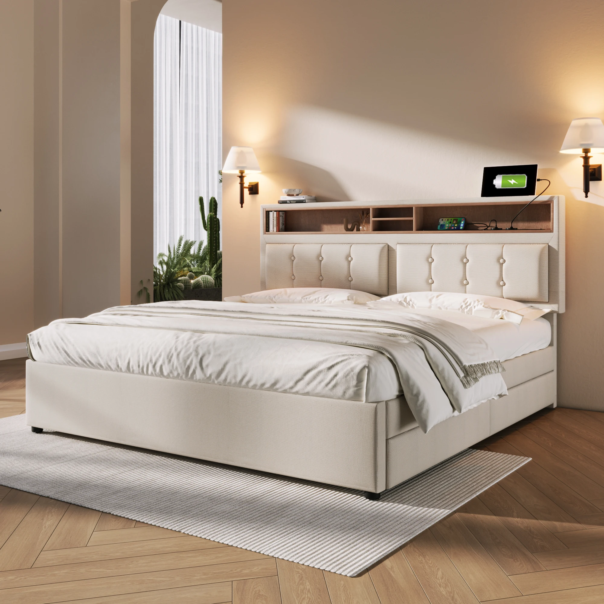Doppelbett mit 4 Schubladen und USB-C-Anschluss, Polsterbett 140x200cm, höhenverstellbares Kopfteil, (mit Matratze) – Detail 14
