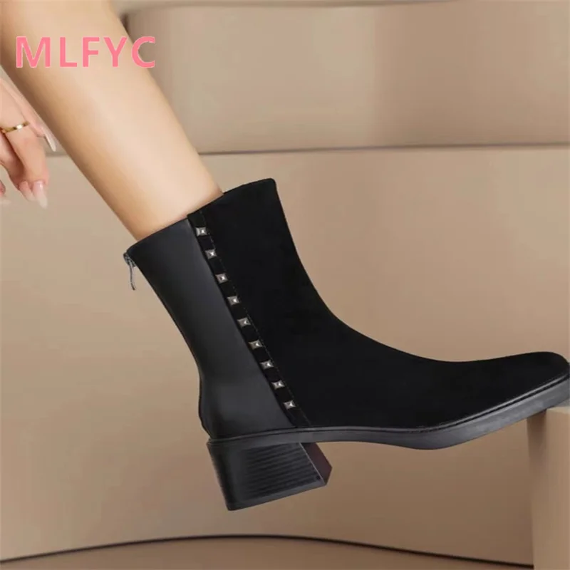 High Heel Short Boots Women's 2023 Autumn/Winter New Spliced Rivet Waterproof Platform Autumn/Winter High Heel Boots