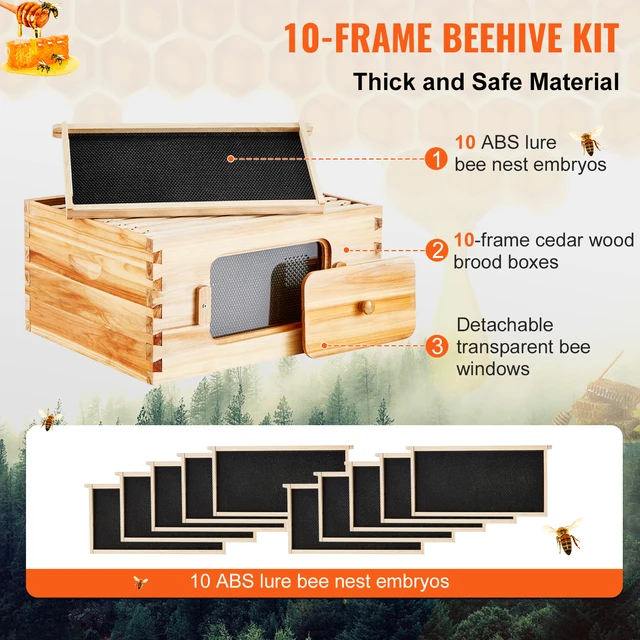 SucceBuy Bee Hive Deep Box Starter Kit 100% Beeswax Coated Natural Cedar Wood Langstroth Beehive Kit Transparent Acrylic