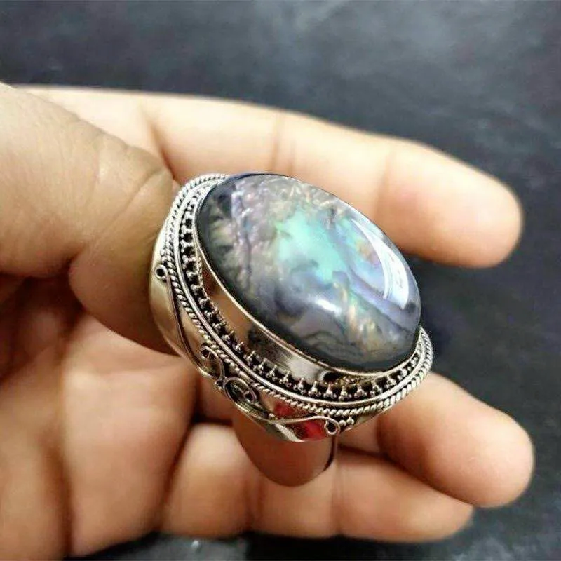 

New Retro Popular Ancient Silver Inlaid Colorful Stone Women's Ring