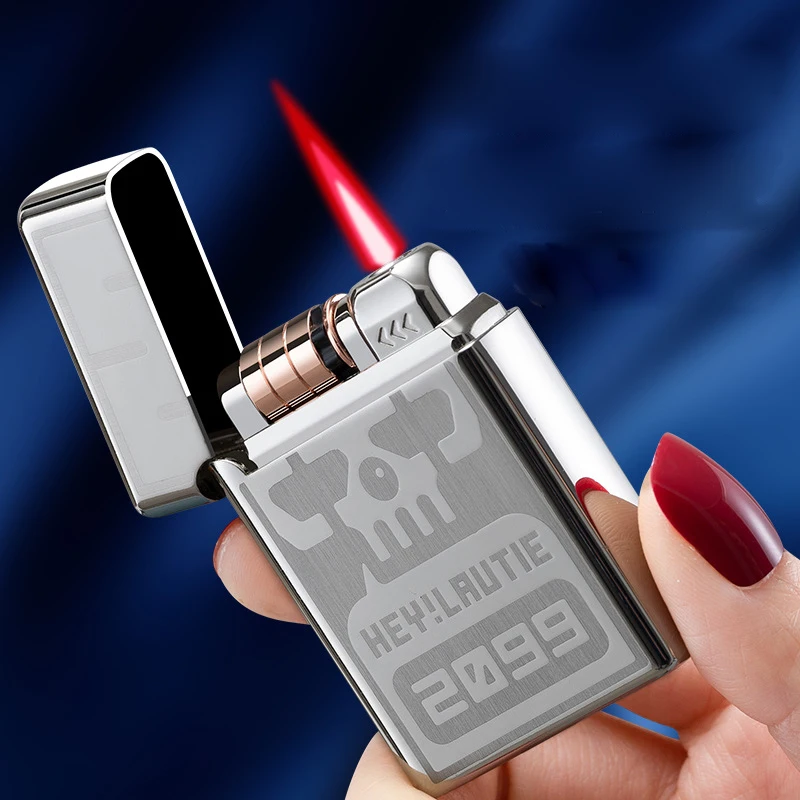 

New Unusual Roller Ignition Red Flame Cigarette Lighter Butane Gas Straight-through Windproof Metal Lighter Men's Boutique Gift