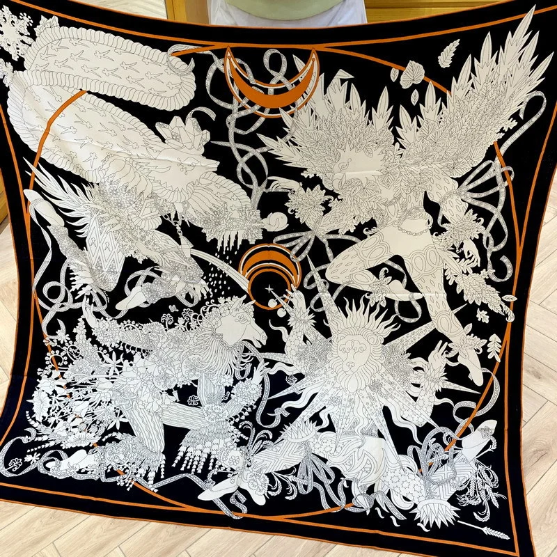 

Natural Silk Wool Scarf Women Hand Rolled Coronation Print Square Scarves Wraps Bandana Big Hijabs Female Foulards 135CM