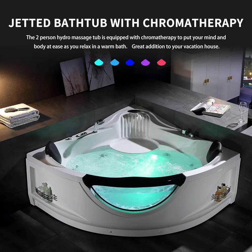 59" Corner Whirlpool Bathtub with Heater，Spa Hydromassage with Chromatherapy，2 Person Jetted Tub with Light，Acrylic，Bathtub 4