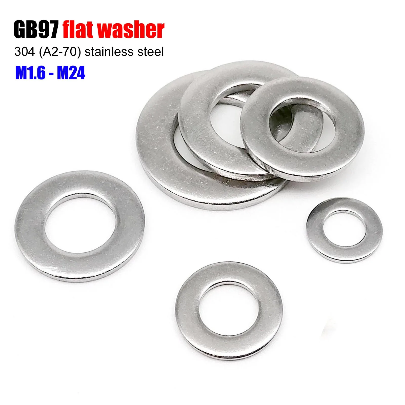 Stainless Steel Washers GB97 DIN125 A2-70 304 M1.6 M2 M2.5 M3 M3.5 M4 M5 M6 M8 M10 M12 M14 M16 M18 M20 M22 M24