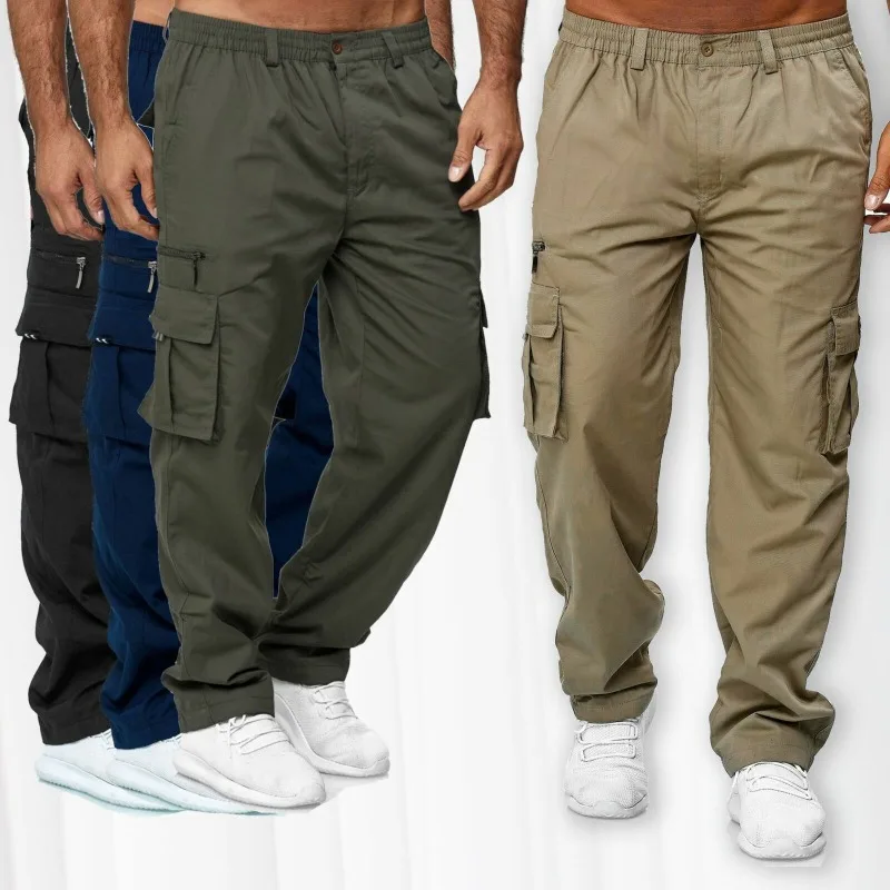 

Wepbel Men's Plain Straight Sweatpants Low Waist Drawstring Loose Cargo Pants Solid Straight Trousers Multiple Pockets Pants