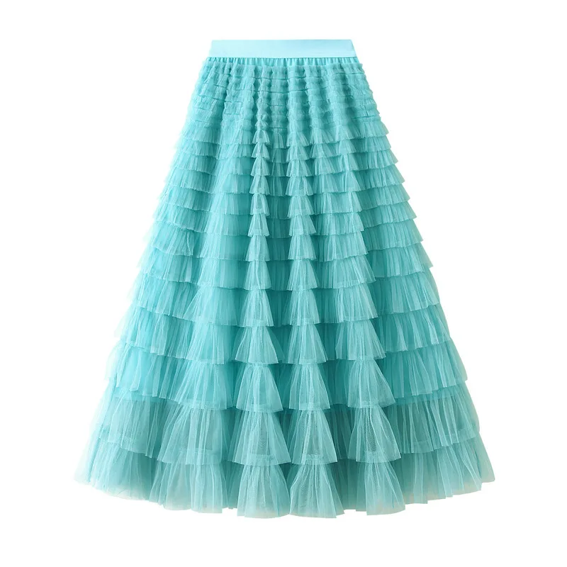 Women's Elastic High Waist Long Tulle Skirt, Multilayer Ruffles, Pink Mesh Tutu, Ladies Party Skirt, Spring, 2024 images - 6