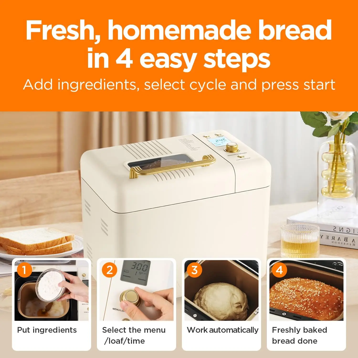 Bread Maker, [2.2LB Max & 15-in-1] Compact Size Bread Maker Machine Metal Material & Auto Nut Dispenser Bread Machine with Glute 4