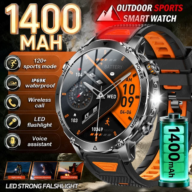 Nouvelle Montre Connectée Militaire 2026 pour Hommes avec Batterie 1400mAh, Lampe Torche Extérieure, Étanchéité 10ATM, Moniteur de Fréquence Cardiaque, Appel Bluetooth et Bracelets Sportifs 1
