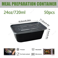 Set of 15/50 Rectangular Meal Prep Containers, 720ml, Microwave & Freezer Safe, Reusable Plastic Food Storage Boxes (50Pcs)