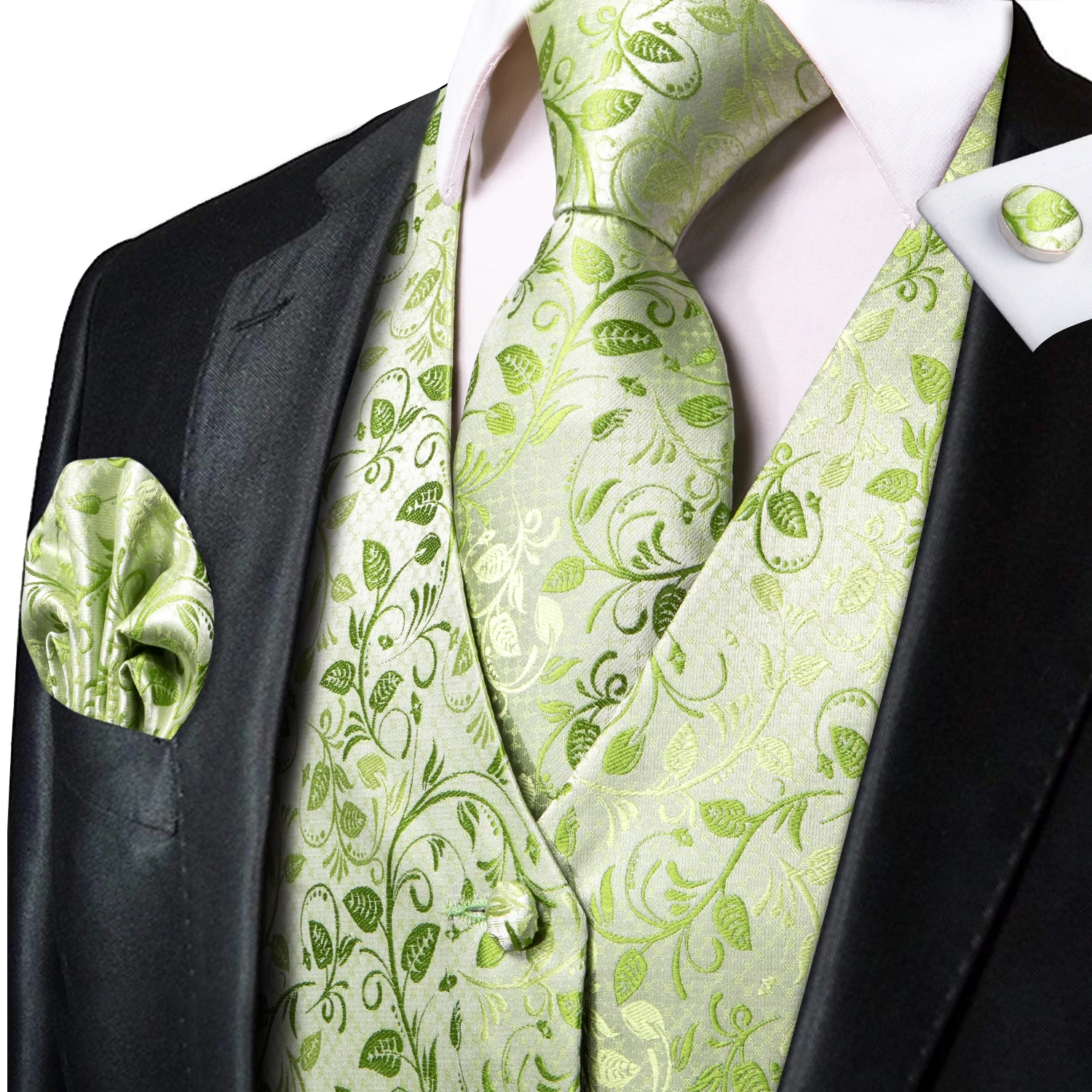 Hi-Tie Leaf Green Men's Vest Fashion Silk Jacquard Waistcoat Neck Tie Hanky Cufflinks Brooch Set for Male Wedding Party Designer