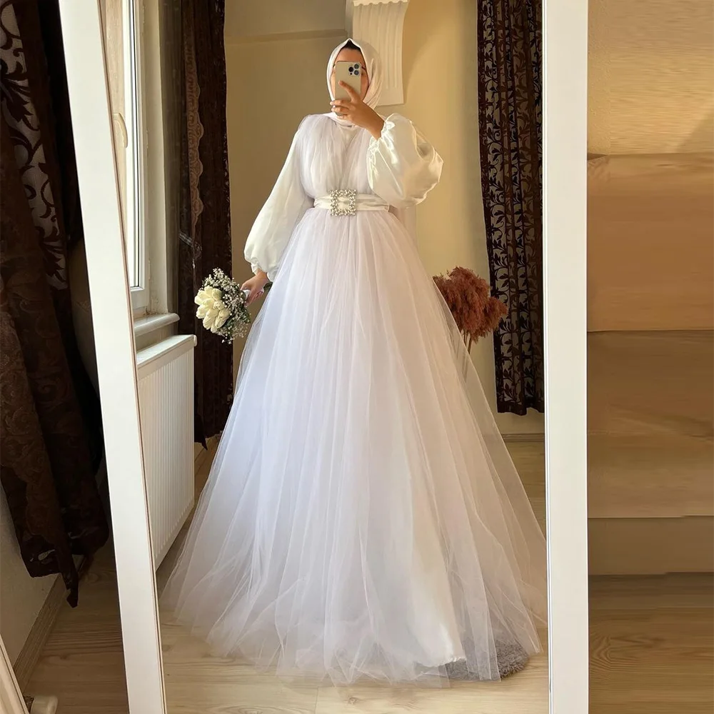

Sevintage Modest White Prom Dresses Long Sleeves High-Neck A-Line Arabic Muslim Evening Dress Turkish Formal Party Gowns 2023