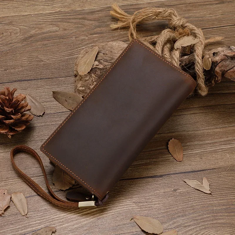 Crazy Horse Leather Long Wallet for Men, Zipper Closure with Multiple Card Slots